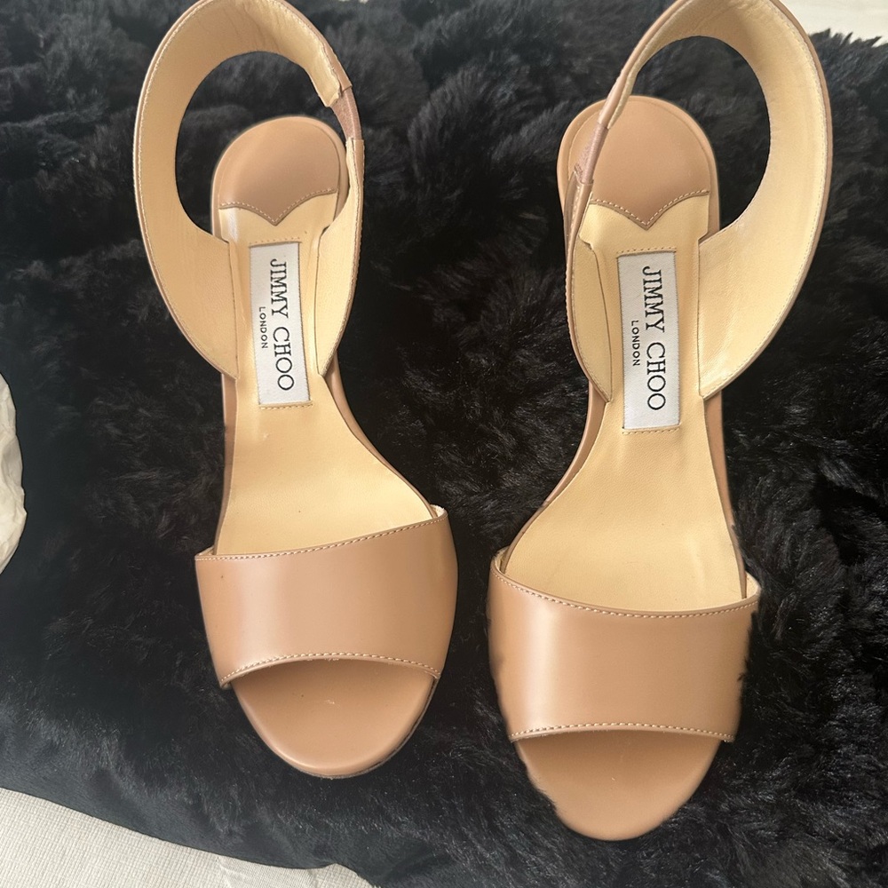 Jimmy Choo Nude/Tan Leather Open-Toe Heels
